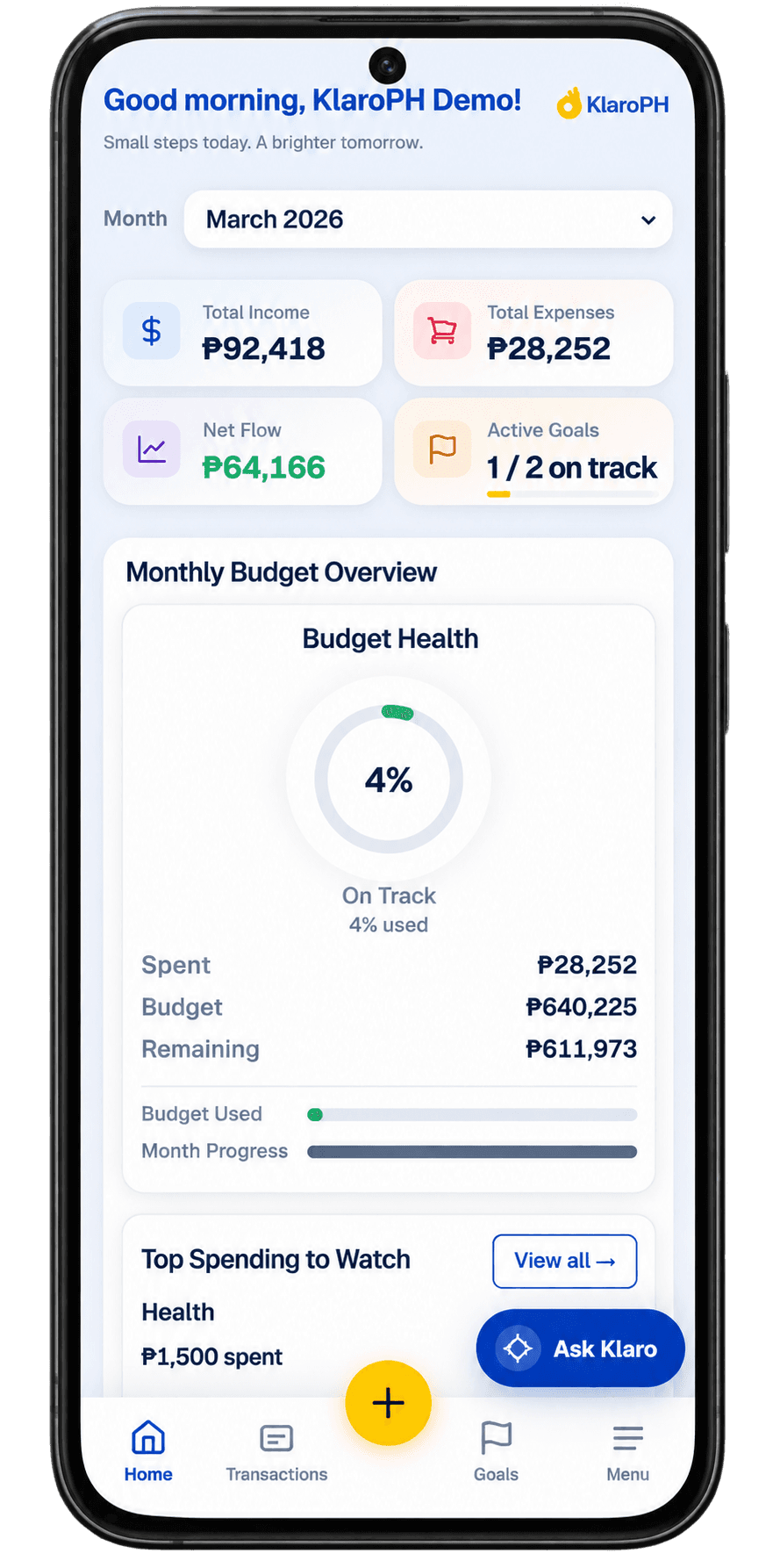 KlaroPH mobile app showing financial tracking