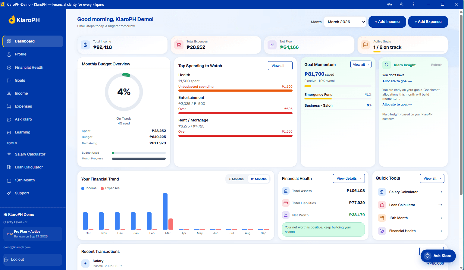 KlaroPH web dashboard showing financial overview