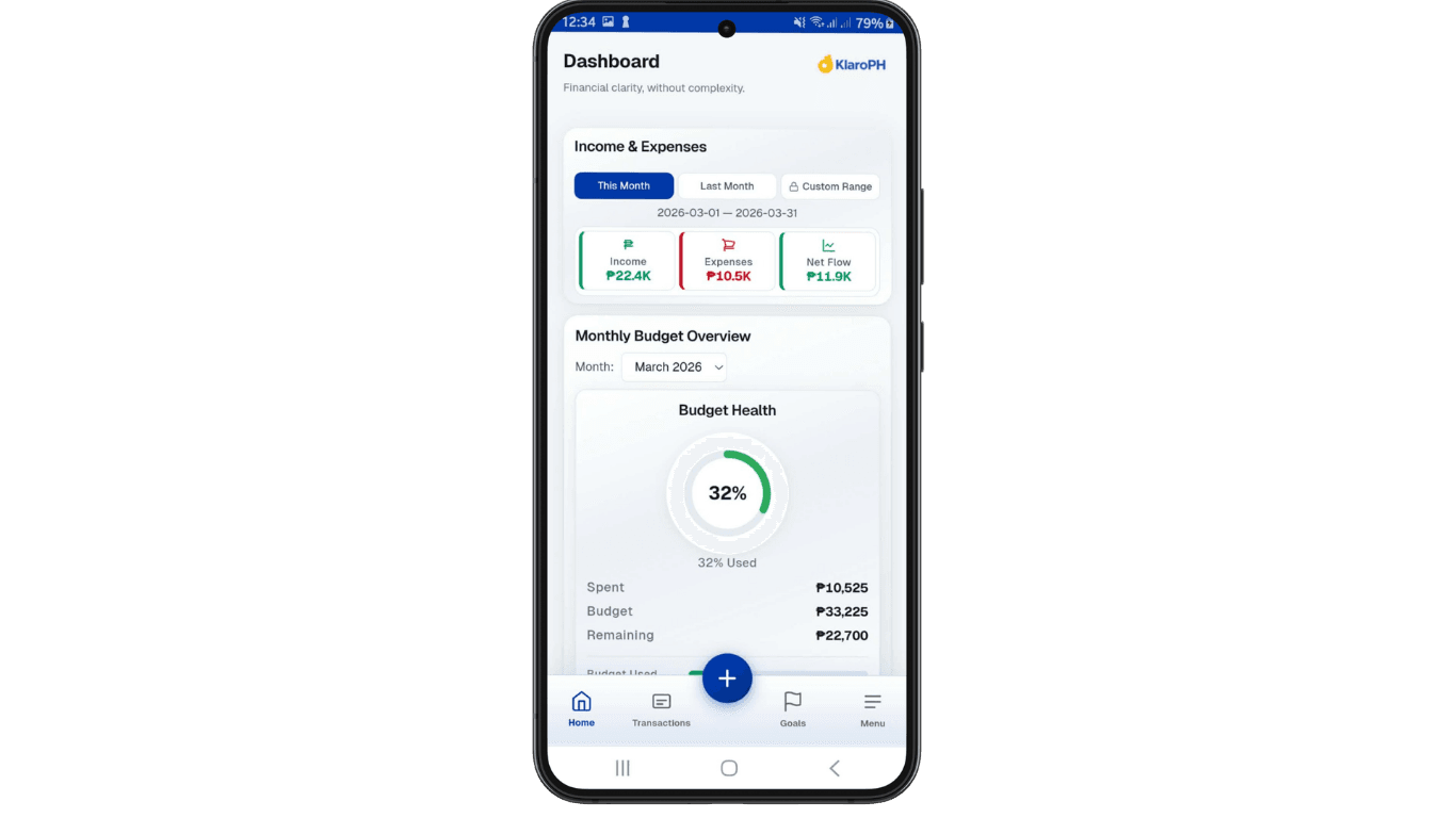 KlaroPH mobile app showing financial tracking